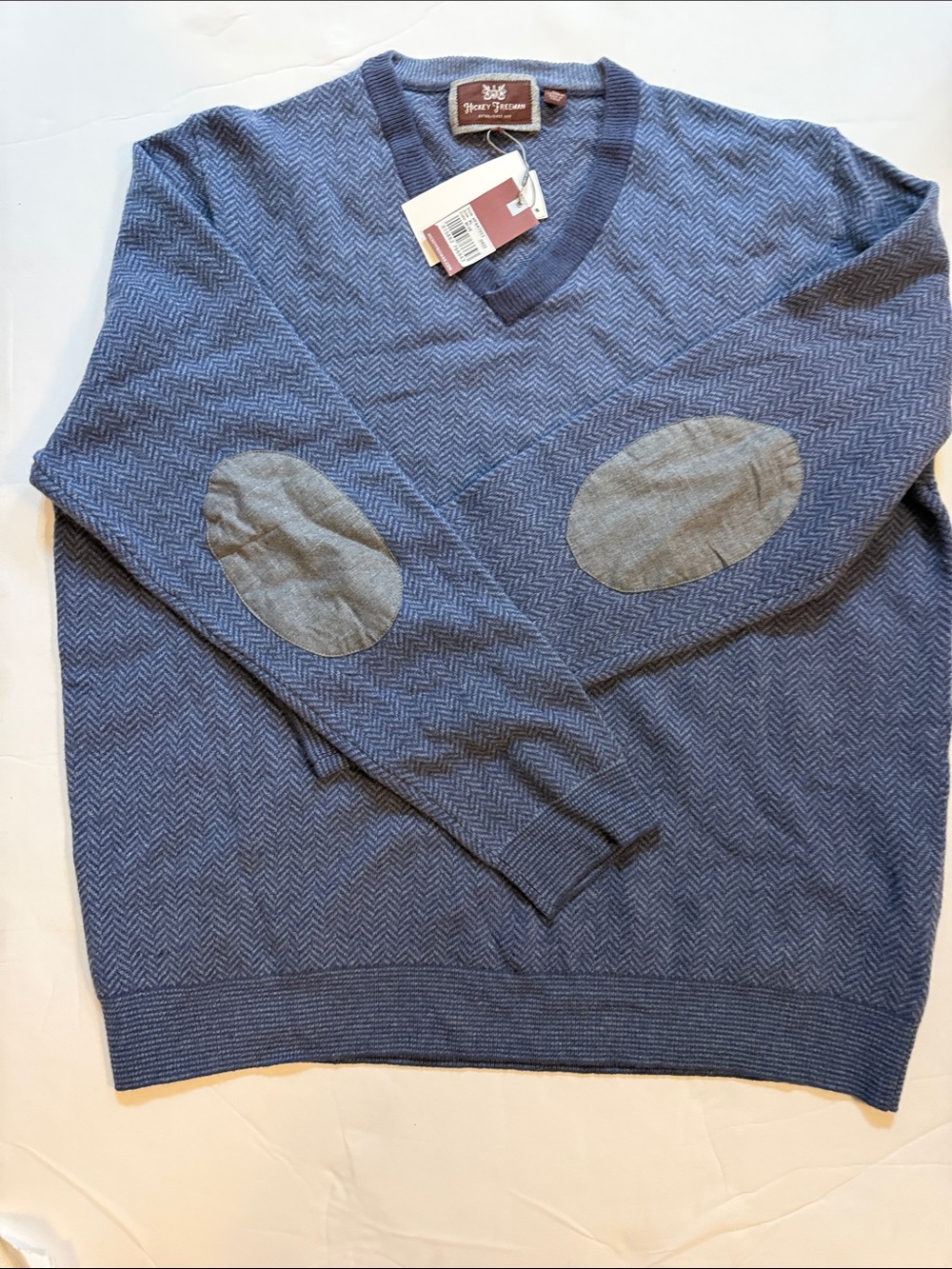 Hickey Freeman Blue Herringbone V-Neck Sweater with Gray Elbow Patches